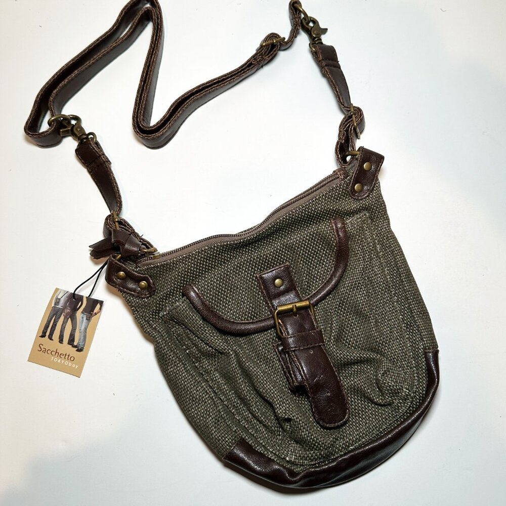 TOKYObay Sacchetto Angler Olive Green Canvas Crossbody Bag Leather Trim NWT